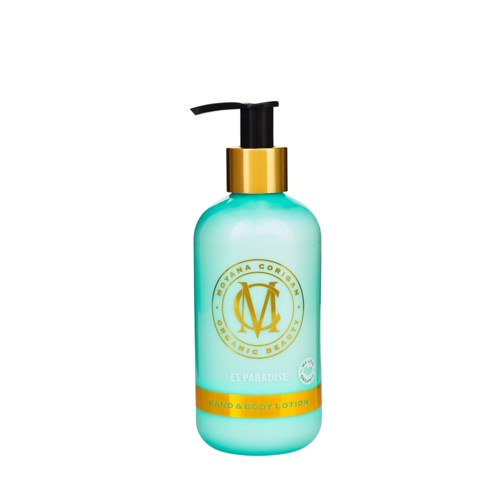 En ljusblå lotionflaska med svart pump och guldkant, märkt 'Hand & Body Lotion.'