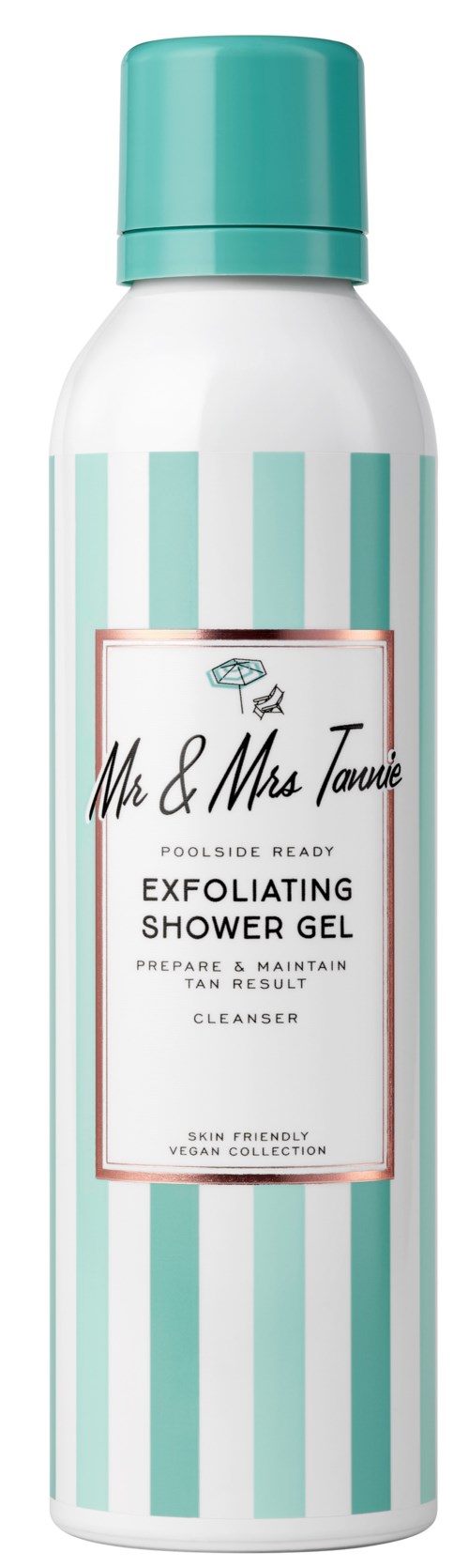 En lång vit flaska med en blågrön lock och ljusblå vertikala stripor, märkt Mr & Mrs Tawn's exfoliating shower gel.