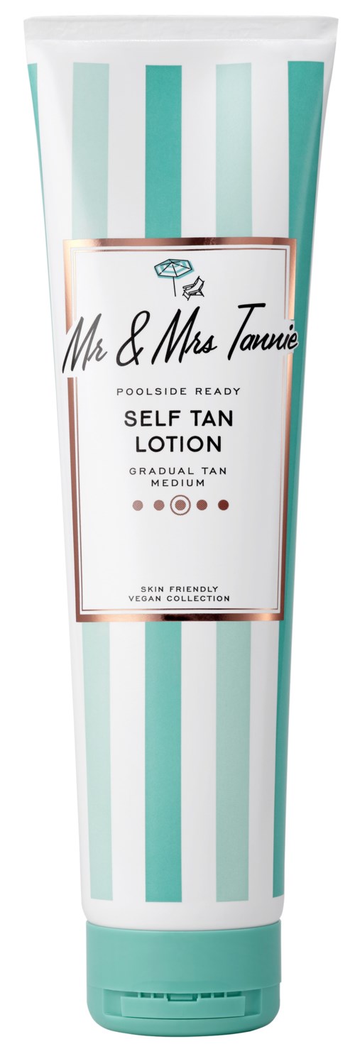En tub med self-tan-lotion med ljusgröna och vita ränder, märkt 'Mr & Mrs Tannie' och 'Self Tan Lotion'.