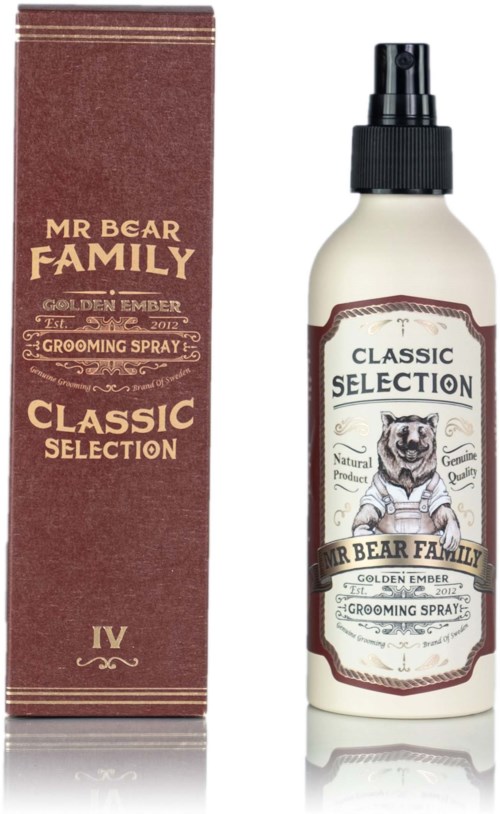En sköjspray i flaska med en björnillustration, förpackningen är brun med guldaccenter, märkt 'Mr Bear Family Classic Selection.'