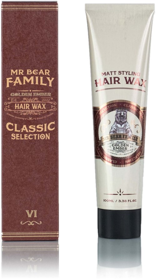 En tube med Mr. Bear Hair Wax og esken dens, begge merket Golden Ember og Classic Selection.