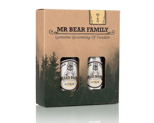 Dette er et skjeggpleiesett med to flasker merket 'Citrus' fra Mr. Bear Family, Sverige.