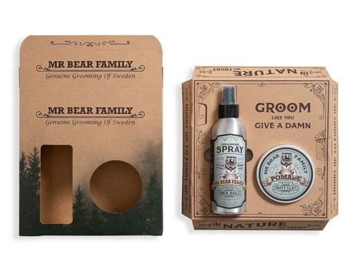 Een verzorgingsset voor mannen bevat spray, pomade en kartonnen dozen met natuurlijke en vintage stijl.