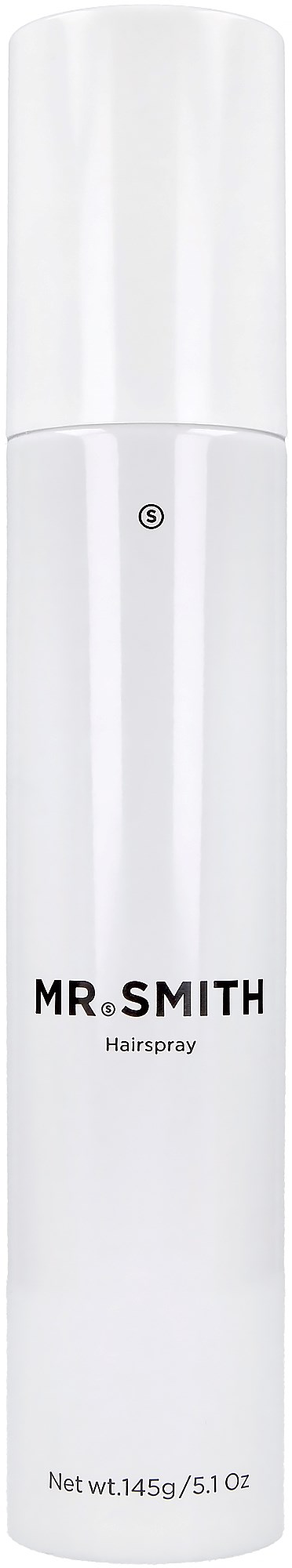 En lång, vit sprayburk märkt 'MR.SMITH Hairspray' med vit topp.