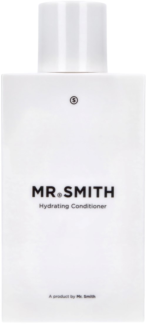 En hvit flaske med hvit lokk, merket 'MR. SMITH Hydrating Conditioner'.