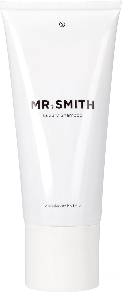 Vit flaska märkt 'MR.SMITH Luxury Shampoo' med svart och grå text, enkel design.