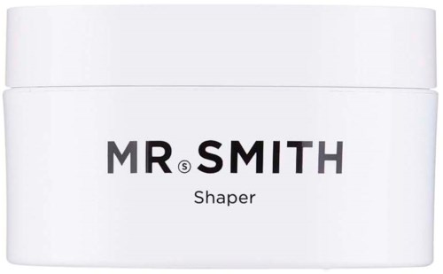Ett vitt burk med svart text säger 'MR. SMITH Shaper'. Enkel och ren design. Inga ytterligare bilder eller mönster.