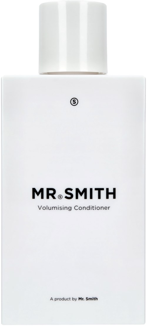 En hvit flaske med hvit kork, merket 'MR. SMITH Volumising Conditioner.'