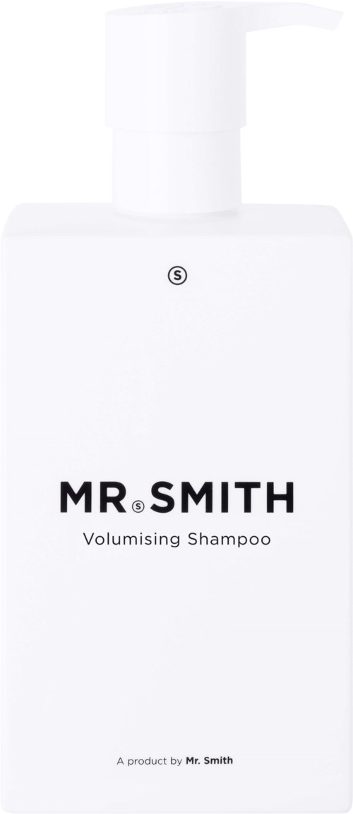 En hvit flaske med Mr. Smith Volumising Shampoo med pumpe.