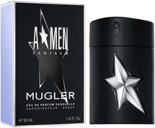 Ein Parfümflasche mit Sterndesign und eine Schachtel mit der Beschriftung "A Men Mugler".
