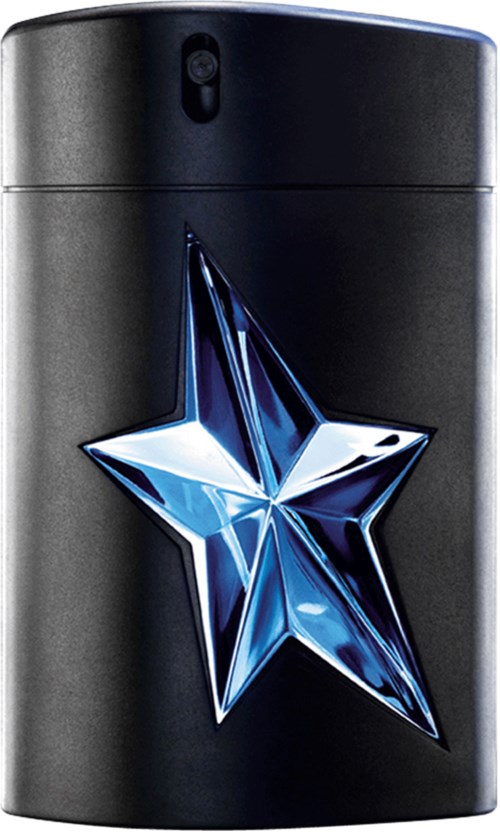 En svart sak med ett stort blått och silverstjärnsmärke eller design på framsidan. Den ser ut som en lighter eller elektronisk enhet.