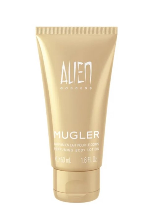 En beige tub med Alien Goddess Mugler-kroppslotion med vit text på framsidan.