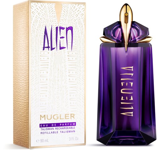 Violetti hajuvesipullo, joka on muodoltaan avaruoli, ja sen vieressä on laatikko, jossa lukee 'ALIEN' ja 'MUGLER'.