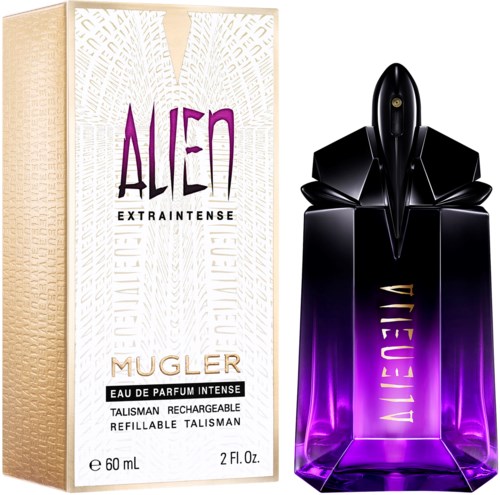 En parfyllåda med svart och lila färger, bredvid en beige och vit förpackning, märkt 'Alien By Mugler.'