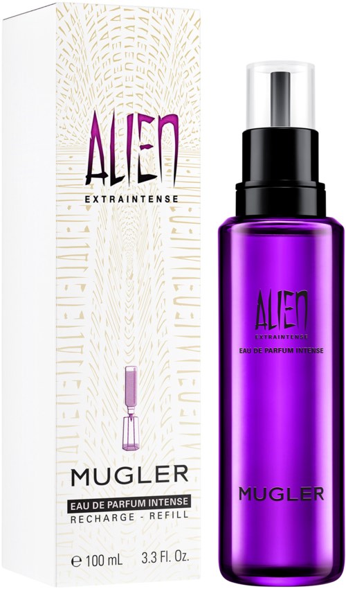 En lila parfymflaska och förpackning med guldmönster, märkta 'Alien' och 'Mugler' för intensiv doftpåfyllning.