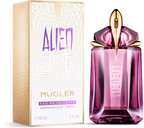 Hajuvesipullo, joka on muodoltaan avaruusolio, pinkki ja violetti, vieressä laatikko 'Alien Mugler' naisille.