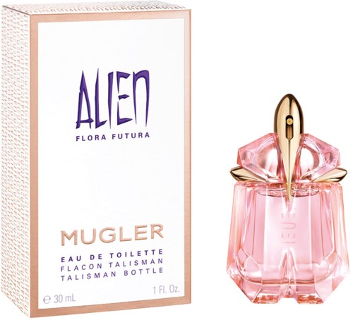 En parfymeflaske formet som en alien, rosa og gull, med en tilsvarende eske merket 'Aldeo Flora Futura Mugler'.