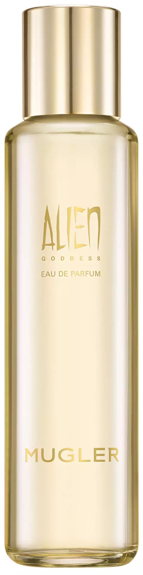 A tall, clear perfume bottle with gold cap, labeled 'Alien Goddess' and 'Mugler' in gold text.