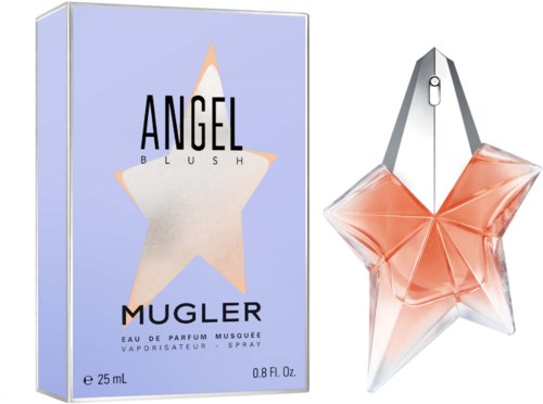 Tuoksupullo, joka on muotoiltu tähdeksi, ja sen vieressä on laatikko tähti-kuvalla ja teksteillä Angel Mugler.