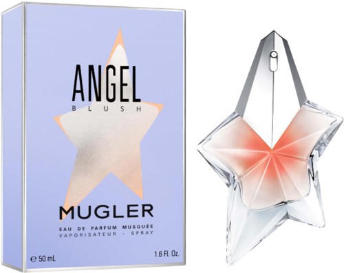 Häivyttävä pullo tähden muodossa ja laatikko, jossa tähti ja merkki Angel Mugler, poskipuna tuoksu.