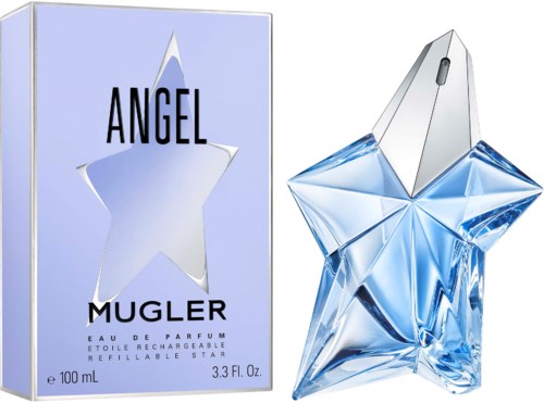 En parfymeflaske formet som en stjerne, med blått og klart, ved siden av en eske merket Angel Mugler.