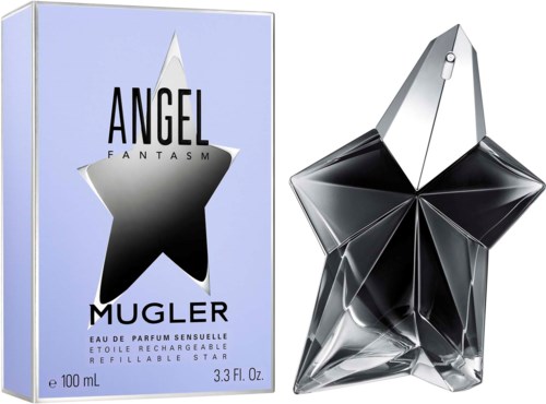 En parføneflaske formet som en stjerne og dens æske, med ordene 'Angel Mugler' og en stjerneslignende design.