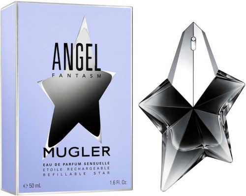 Hajuvesipullo, jonka muoto on tähti, ja laatikko, jossa lukee Angel Mugler, osoittaen että kyseessä on tuoksu.