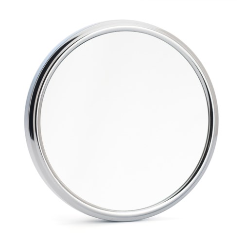 En rund, blank spegel med en silverram. Den ser modern och stilren ut.