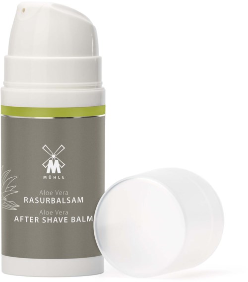 A white and gray bottle of aloe vera after shave balm with a removable cap, designed for soothing skin.