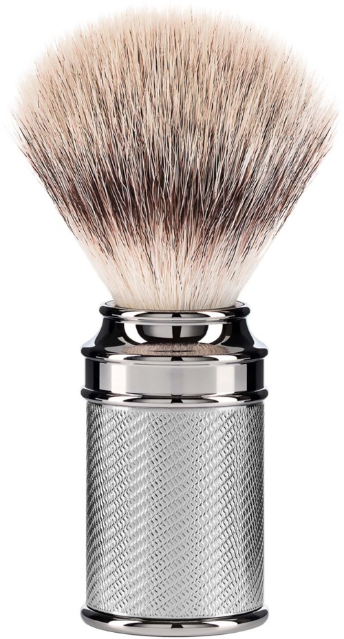 A shaving brush with a silver textured handle and soft bristles on top.