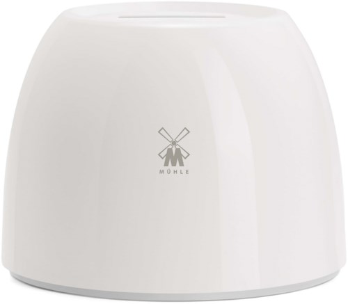 Witte cosmetische apparaat met een windmolenlogo en wieken, glad oppervlak, ronde vorm en opening aan de bovenkant.