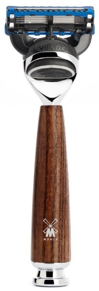 A safety razor with a wooden handle and a blue plastic razor head.