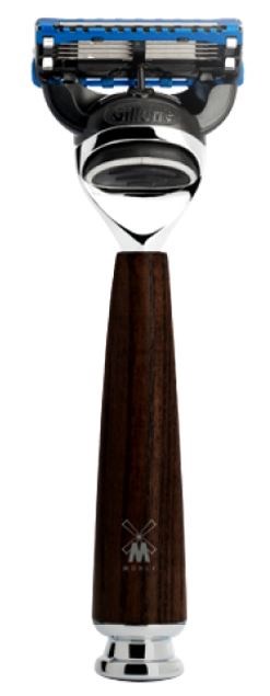 A safety razor with a wooden handle and a blue and black metal head for shaving.