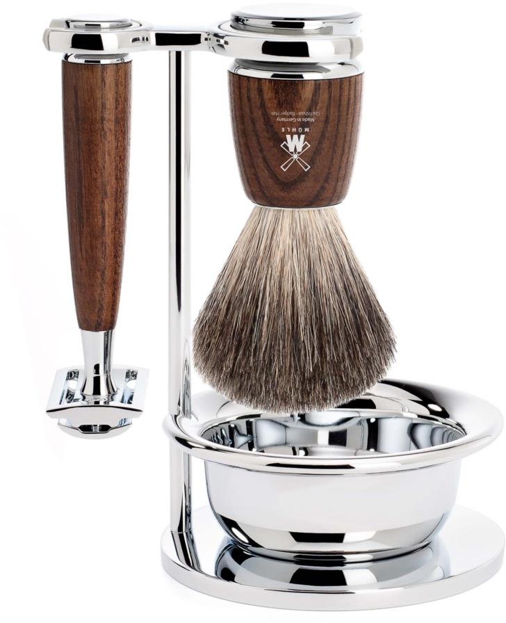 Mühle Rytmo Set Safety Razor + Shaving Brush + Bowl Ash Steamed Pure Badger