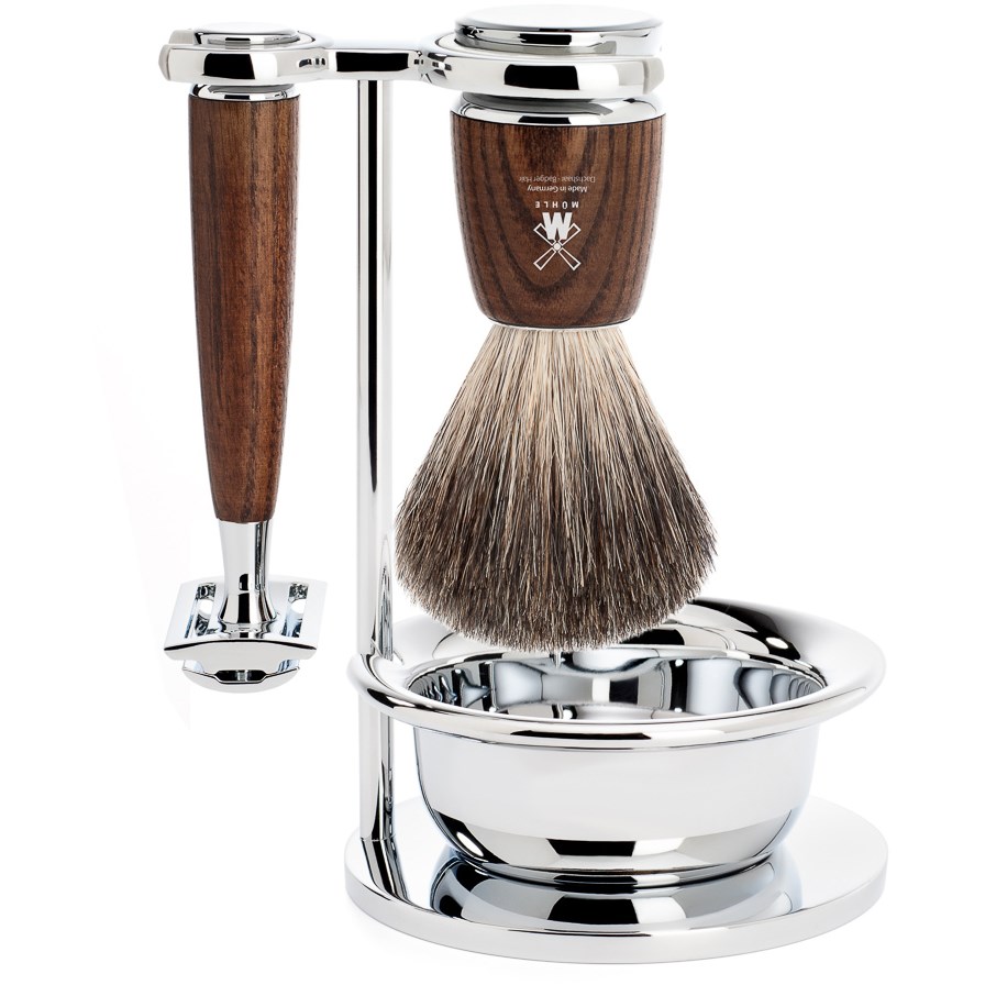 Mühle Rytmo Set Safety Razor + Shaving Brush + Bowl Ash Steamed P billede