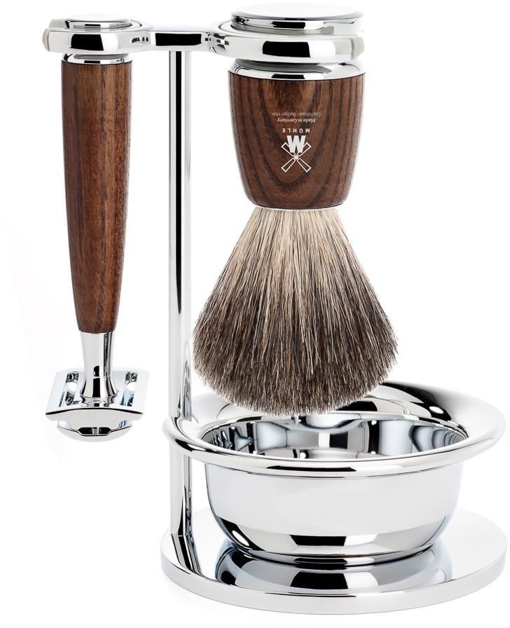 Mühle Rytmo Set Safety Razor + Shaving Brush + Bowl Ash Steamed Pure Badger