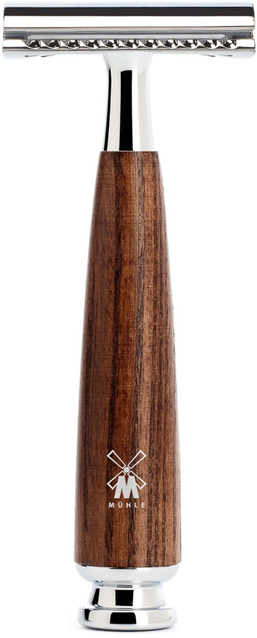 Sicherheitsrasierer mit Holzgriff und Metallkopf zum Rasieren.