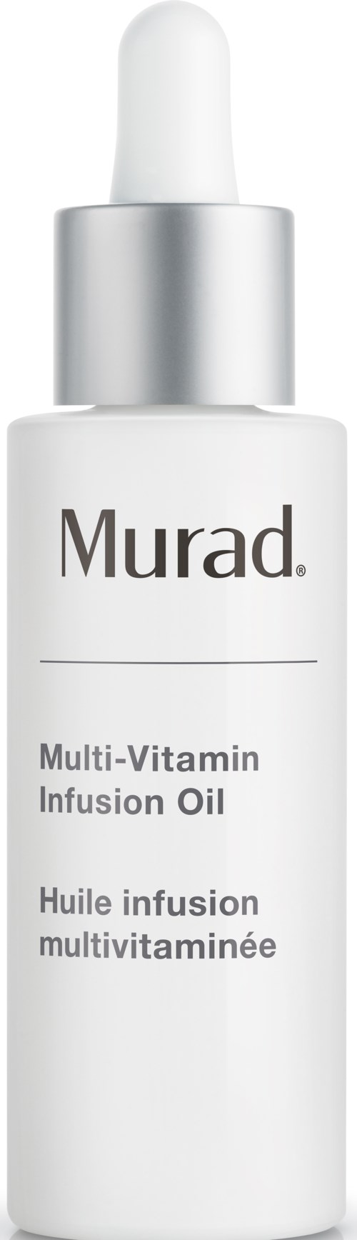 En hvit flaske med dråpeteller viser Murad Multi-Vitamin Infusion Oil, merket med svart tekst på hvit bakgrunn.