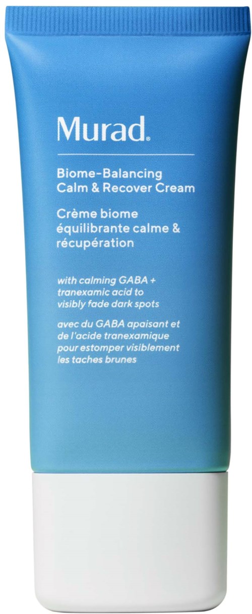 En blå tube med Murad Biome-Balancing Calm and Recover Cream med hvit topp, produktnavn og beskrivelse på forsiden.