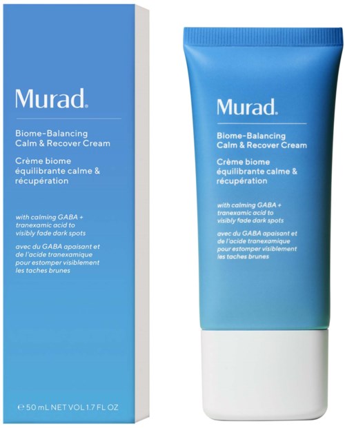 Blå tube med Murad Calm & Recover Cream med hvit lokk, produktnavn og detaljer på emballasjen.