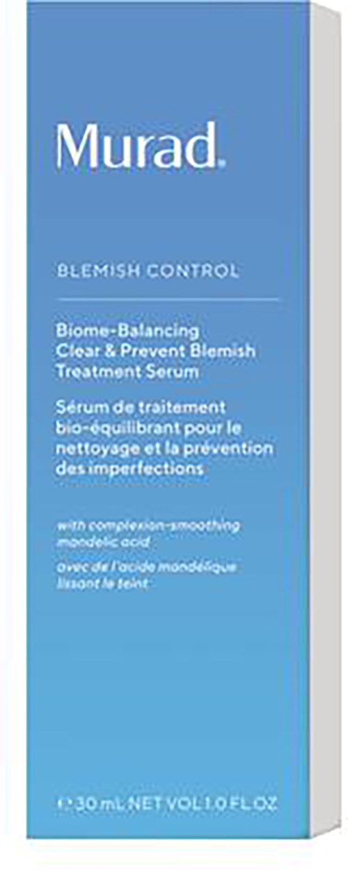 Blå box med vitt text för Murad hudvårdsprodukt, nämner blemish control och behandlingsserum.