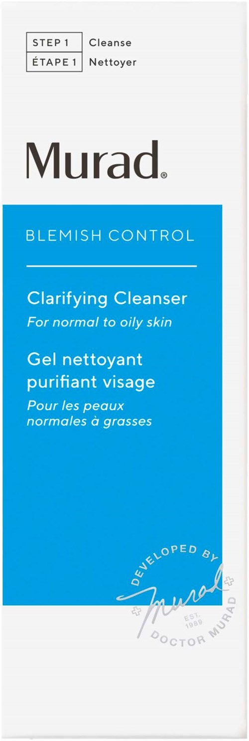 Een huidverzorgingsdoos met het merk Murad, blauw-wit, voor vette huid, genaamd Clarifying Cleanser.