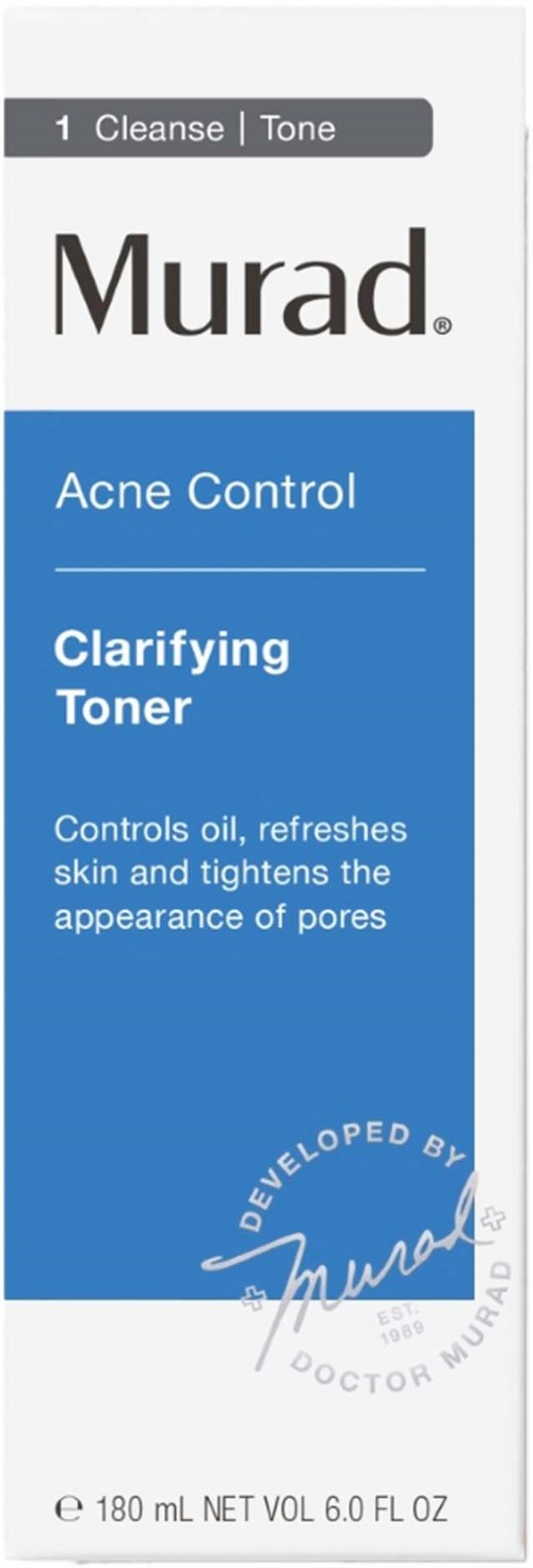Bildtexten är en blå och vit förpackning av Murad Acne Control Clarifying Toner, med produktinformation och logga.