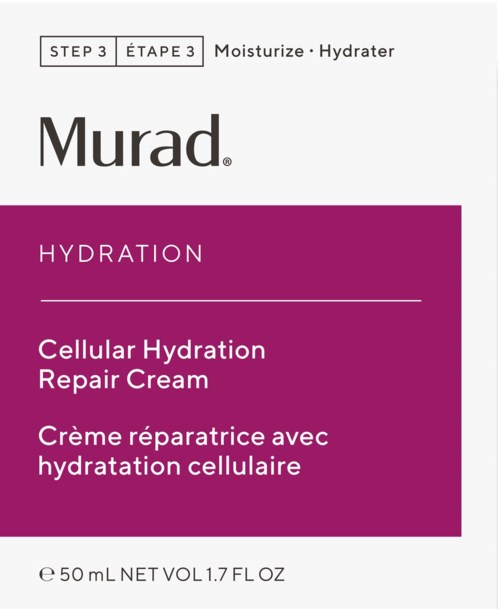 En hudvårdsförpackning för Murads återfuktningskräm, som visar att den är för cellrehydrering och reparation, med varumärke och volymuppgifter.