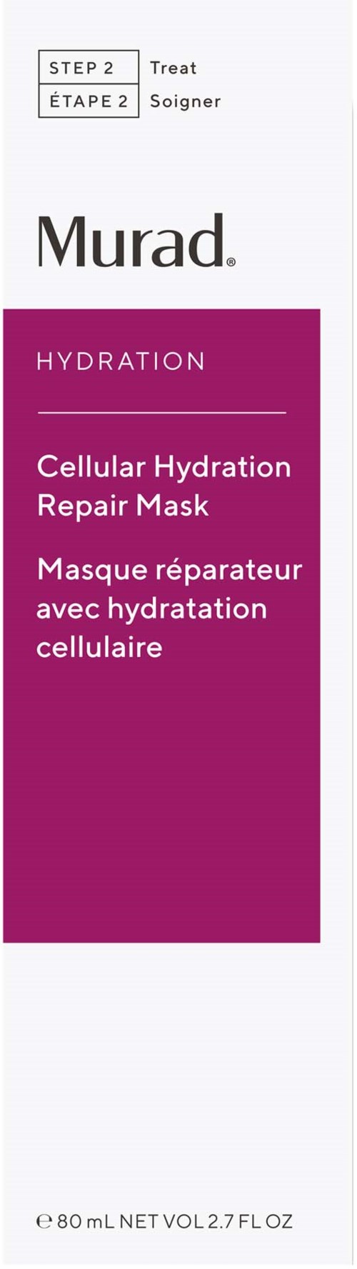 En låda med lila och vit färg, märkt som Murad Cellulär Hydration Repair Mask för hudfuktning.