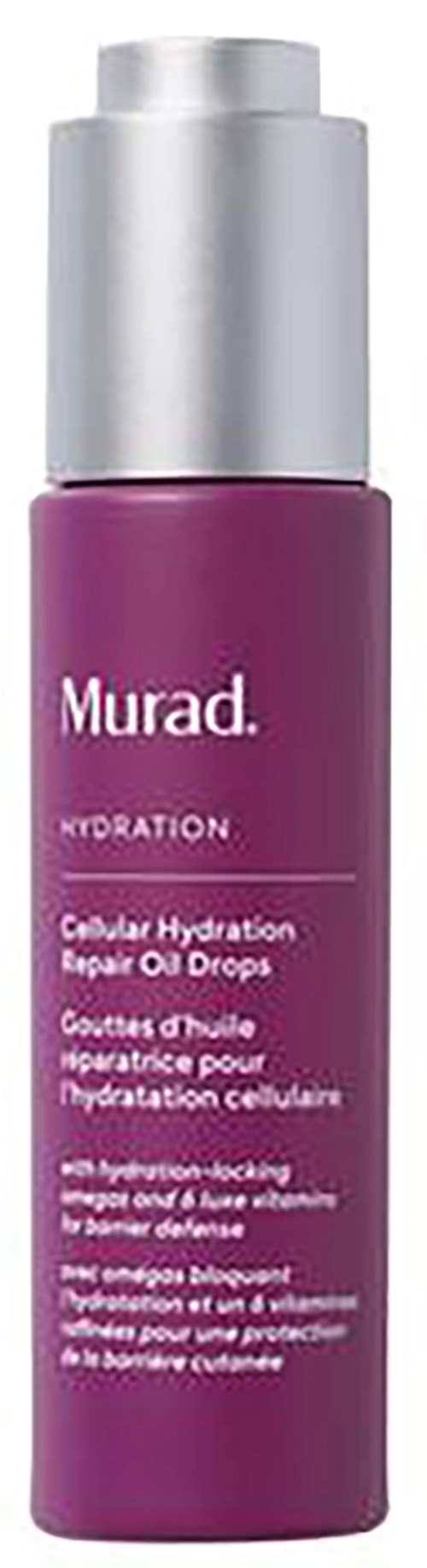 En liten lila flaska med silverlock, märkt 'Murad' och 'Hydration'.