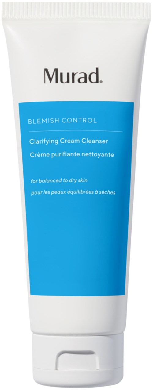 En vit tub med Murad Clarifying Cream Cleanser med blå etikett för fet och torr hud.