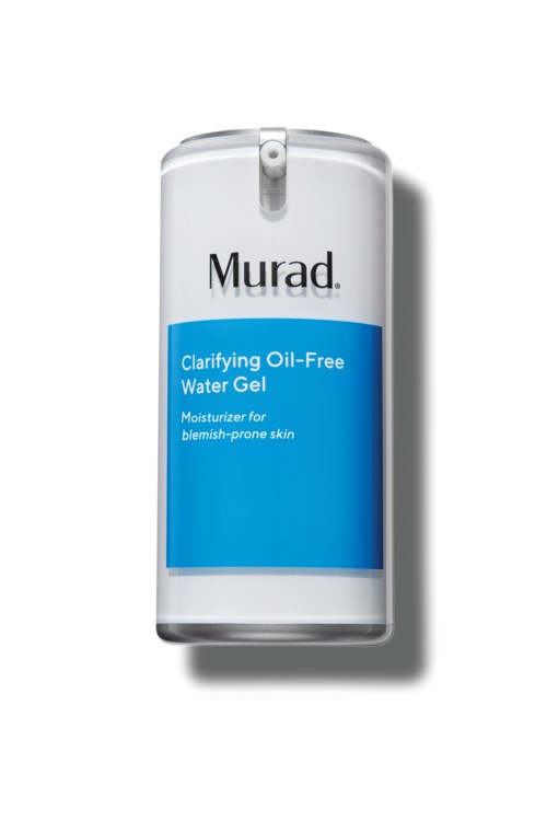 En vit och blå flaska från Murad med Clarifying Oil-Free Water Gel, för aknebenägen hud, med pump.