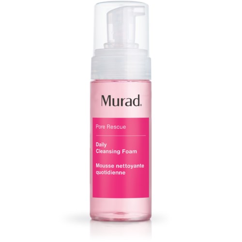 En rosa flaska med Murad Pore Rescue Daily Cleansing Foam med pump.