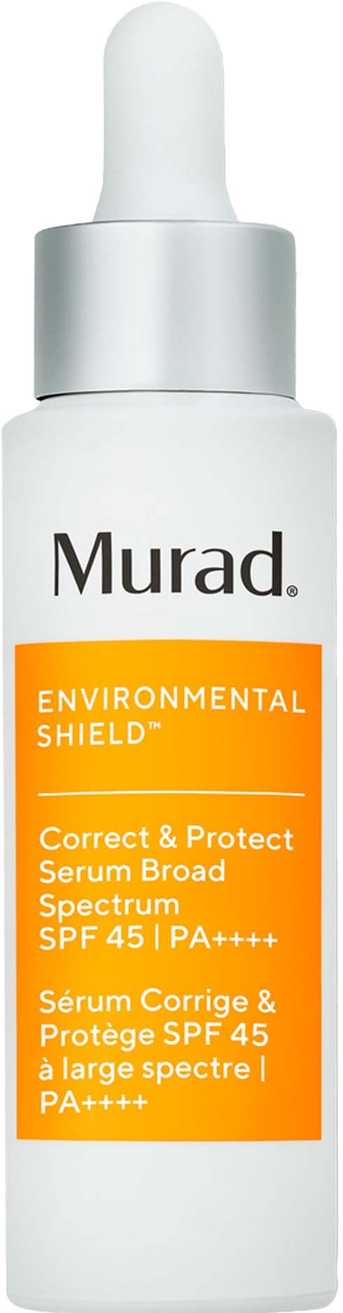 Valkoinen pullo tippalaitteella, merkiltä Murad Environmental Shield Correct & Protect Serum, SPF 45.